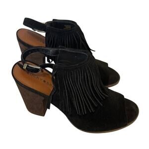 Lucky Brand Women's Liennah Western Bootie Peep Toe Black Suede Leather Fringe